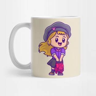 Cute Girl With Bag And Wearing Hat Cartoon Mug